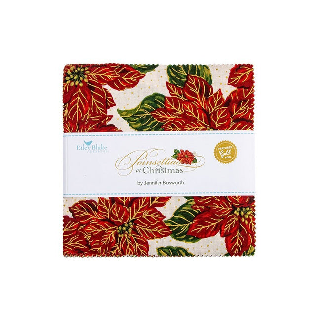 Poinsettias at Christmas 5 inch Stacker charm pack precut quilt fabric by Jennifer Bosworth for Riley Blake Designs 5-17630-42
