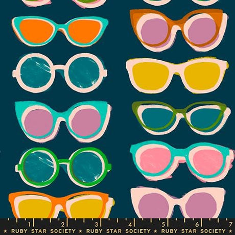 Poolside Too Peacock fabric by Ruby Star Society for Moda Fabrics by the yard RS5200 15 dark blue sunglasses novelty retro kitsch