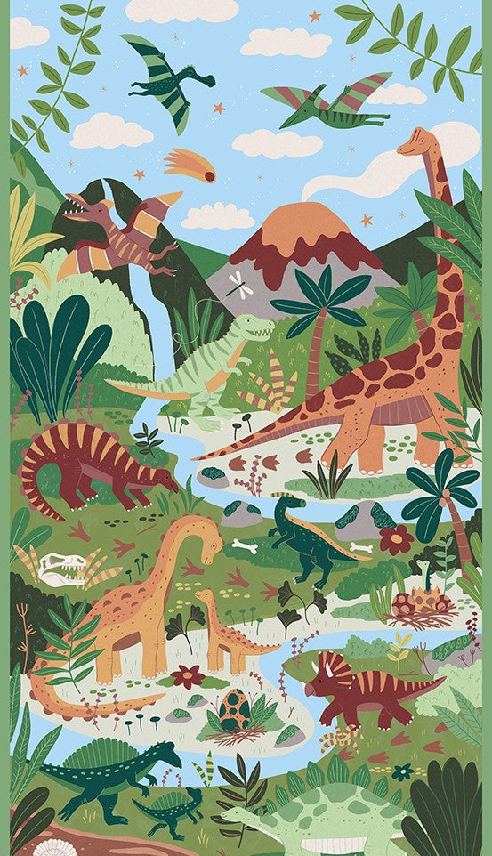 Prehistoric Dinosaur Panel Andover Quilting Cotton