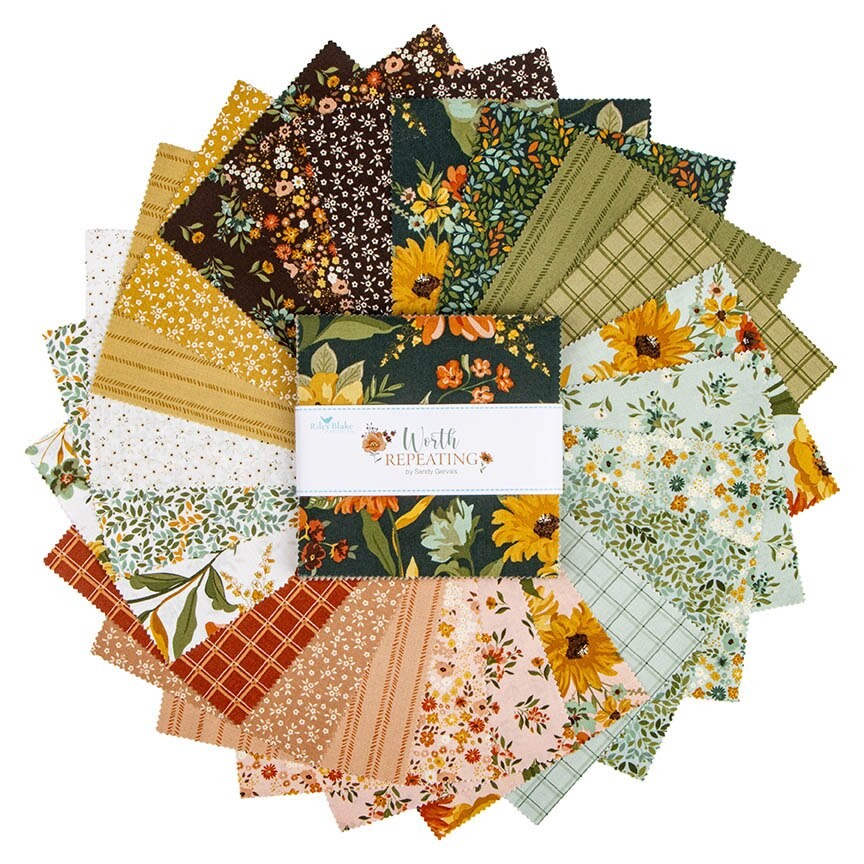 Worth Repeating 5 inch charm pack detail Sandy Gervais Riley Blake Designs warm floral prints