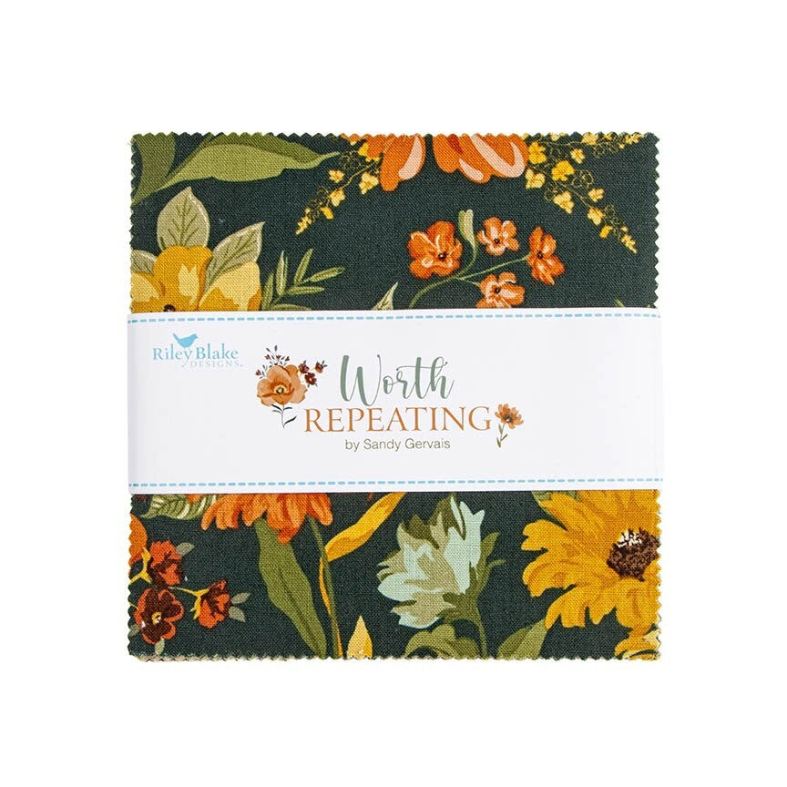Worth Repeating 5 inch Stacker charm pack 42 pieces by Sandy Gervais for Riley Blake Designs 5-18260-42 floral cozy cottage